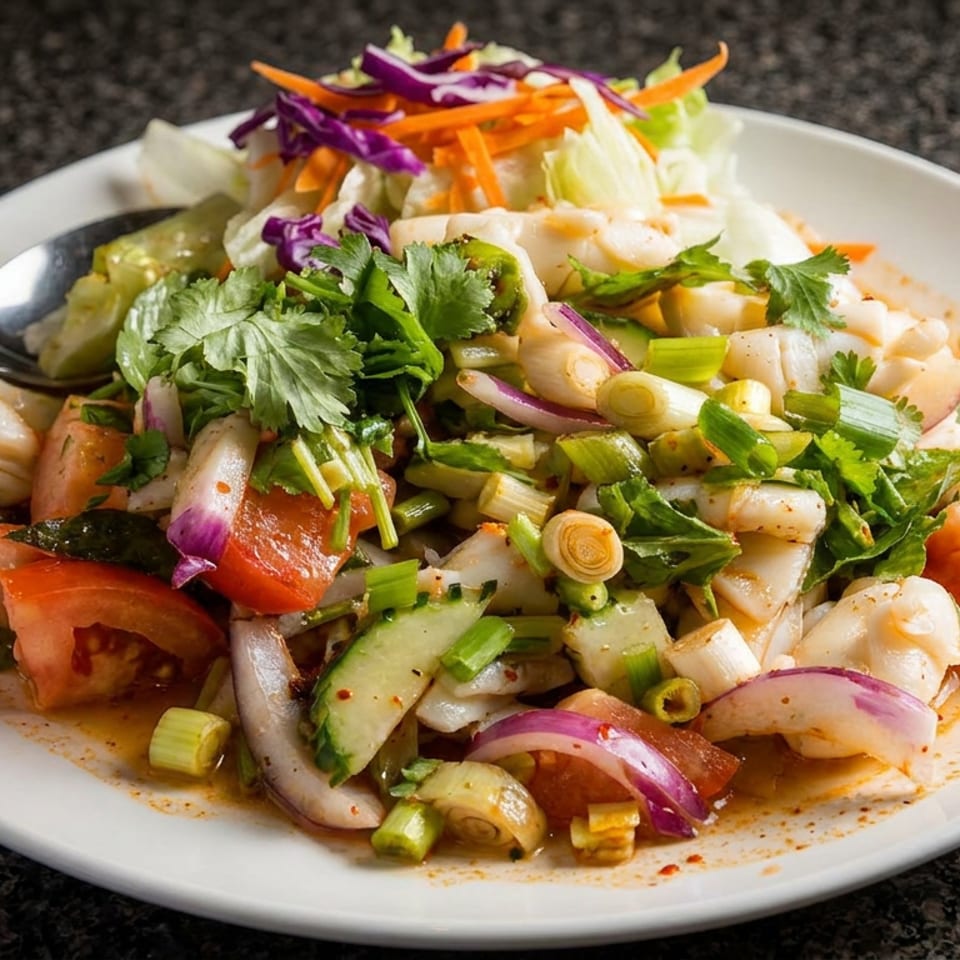 Colorful seafood salad with squid, tomatoes, cucumber, onions, herbs, and shredded cabbage served on a white plate.