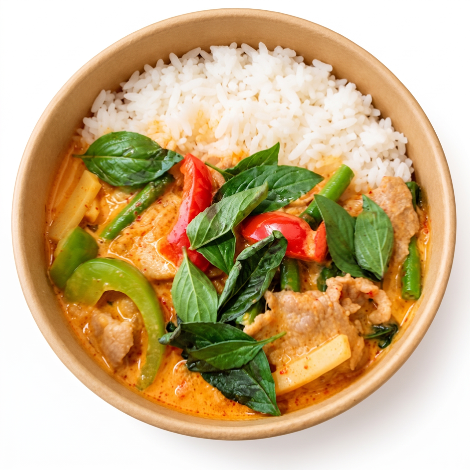 Thai red curry with pork, basil, vegetables, and white rice served in a wooden bowl.