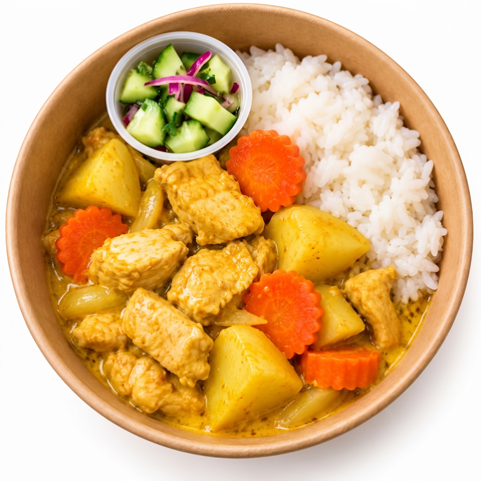 Bowl of yellow curry with chicken, potatoes, and carrots served alongside white rice and cucumber salad.