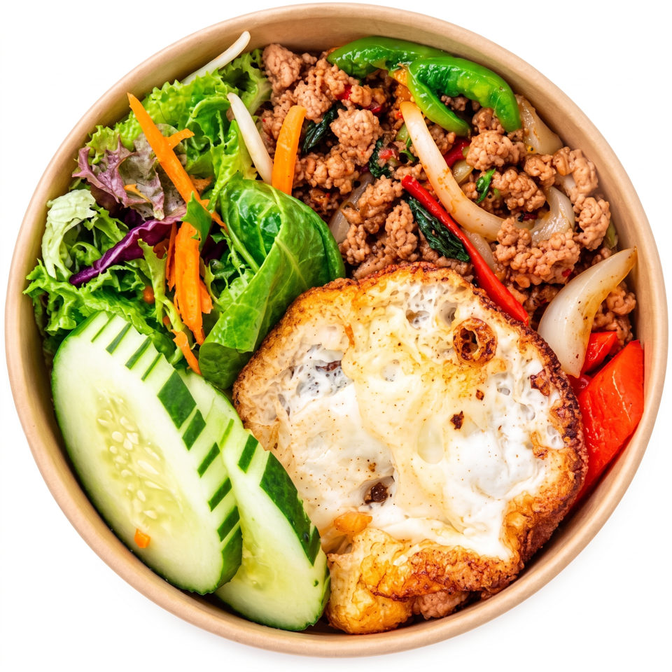 Bowl of Thai-style minced meat with fried egg, fresh greens, cucumber, carrots, onions, and peppers.