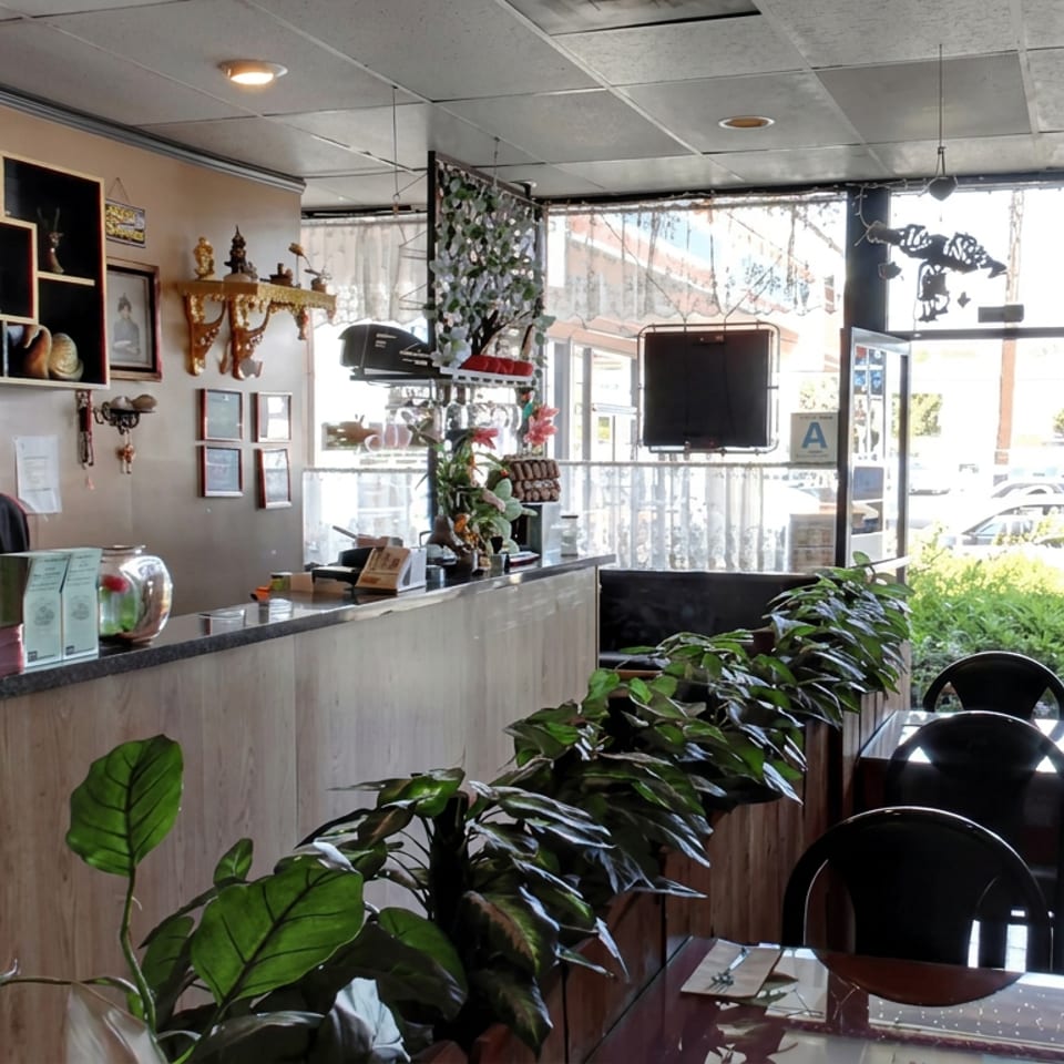 Warmly lit restaurant interior with a decorated counter, plants, framed artwork, staff member, and diners near the front windows.