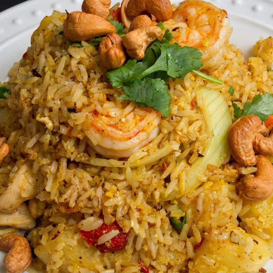 Plate of golden fried rice topped with shrimp, chicken, cashews, cilantro, cucumber, pineapple, and red peppers.