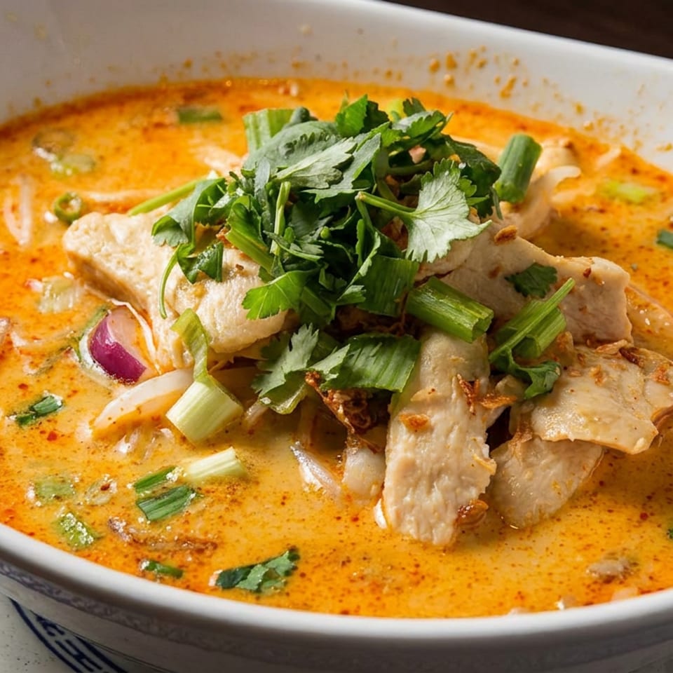 Bowl of creamy orange curry soup with sliced chicken, cilantro, green onions, red onion, and crispy garnishes.